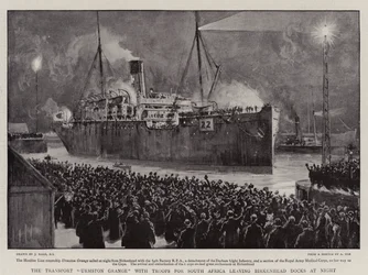 The Transport Urmston Grange with Troops for South Africa leaving Birkenhead Docks at Night